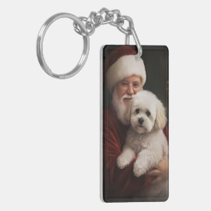 Bichon Frise with Santa Claus Festive Christmas  Key Ring
