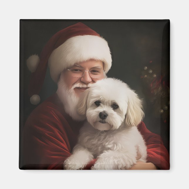 Bichon Frise with Santa Claus Festive Christmas  Magnet (Front)