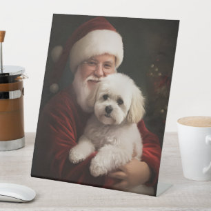 Bichon Frise with Santa Claus Festive Christmas  Pedestal Sign