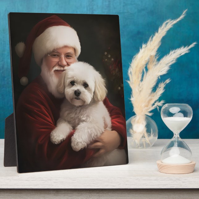 Bichon Frise with Santa Claus Festive Christmas  Plaque (Side)