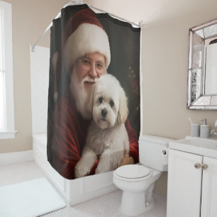 Bichon Frise with Santa Claus Festive Christmas Shower Curtain