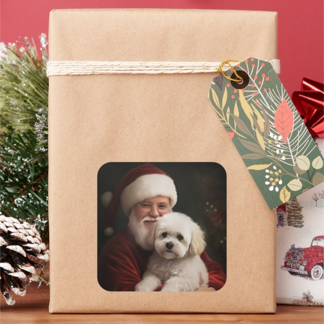 Bichon Frise with Santa Claus Festive Christmas  Square Sticker (Holiday)