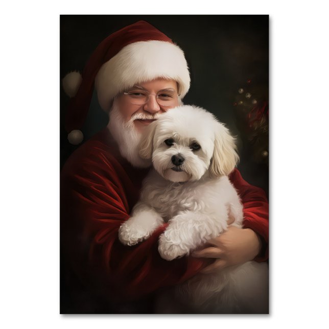 Bichon Frise with Santa Claus Festive Christmas  Table Number (Front)