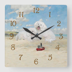 Bichons at the Beach Square Wall Clock