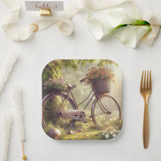 Bicycle among flowers custom paper plates