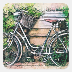 Bicycle and Basket in the Garden Square Sticker
