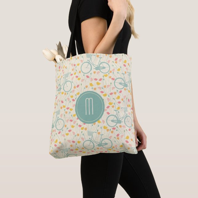 Bicycle and Flowers Monogram Tote Bag (Close Up)