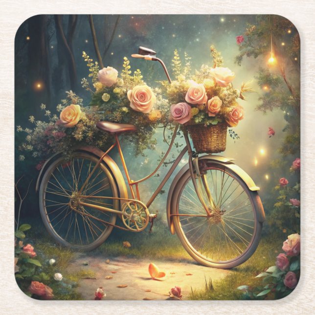 Bicycle and Flowers Square Paper Coaster (Front)