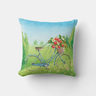 Bicycle and Strawberries Throw Pillow