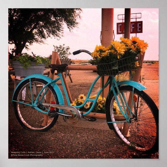 Bicycle and sunflowers at Midpoint Cafe, Route 66 Poster (Front)
