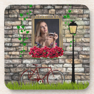Bicycle and window with flowers personalised photo coaster