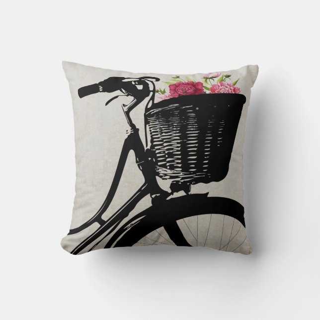 Bicycle Basket with Peonies Throw Pillow (Front)