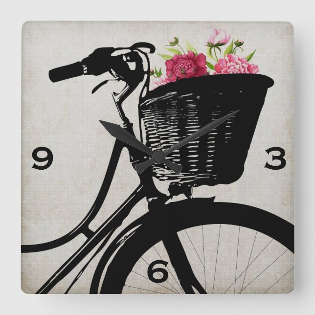 Bicycle Basket with Peonies Wall Clock (Front)