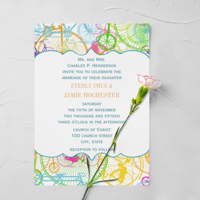 Bicycle Bright Colours Stylised Vintage Wedding Invitation (Creator Uploaded)