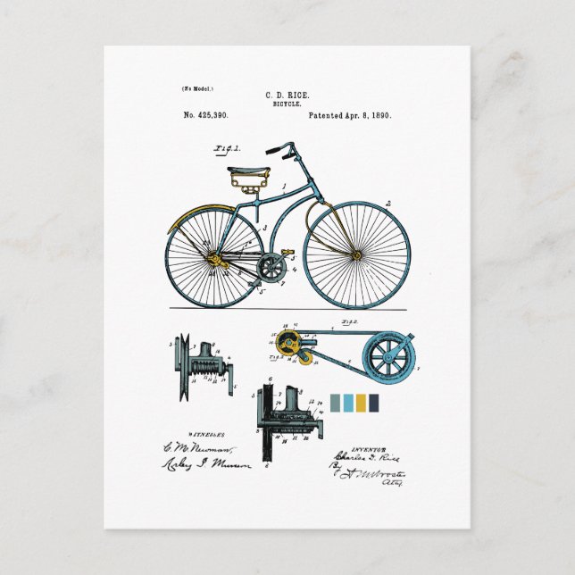 Bicycle - C.D. Rice Patent - Coloured Postcard (Front)