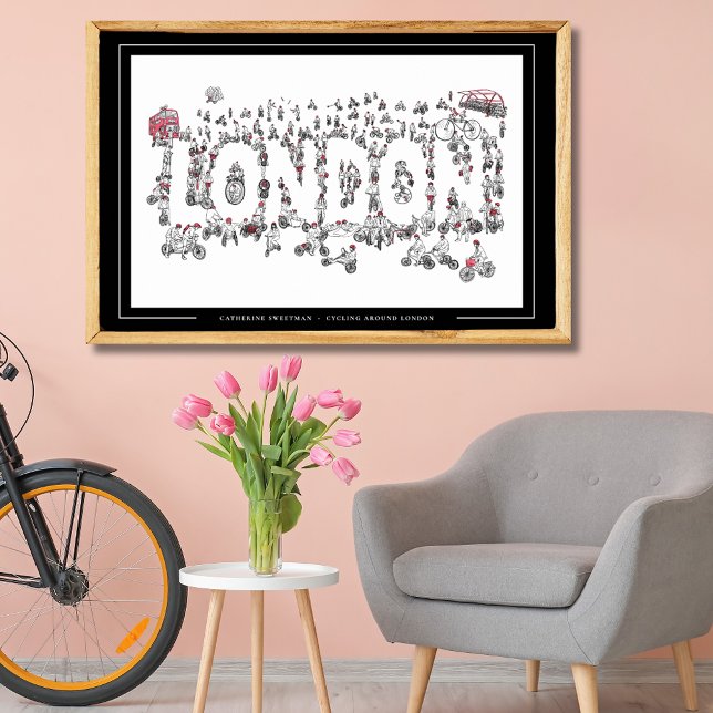 Bicycle Cycling Around London Line Art  Poster (Cycling bicycles around london minimalist line art black and white poster for cyclists)