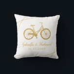 Bicycle Cyclist Wedding Gift Cushion<br><div class="desc">A retro beach cruiser bicycle in gold,  with personalised wedding names and date. Fonts can be edited,  and the background colours on the front and back can be changed individually by clicking 'customise further' and using the background colour picker.</div>