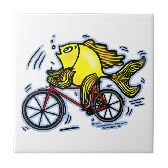 BICYCLE FISH funny Sparky cartoon gift Ceramic Tile (Front)
