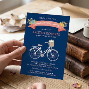 Bicycle Floral Navy Blue Girly Graduation Party Invitation