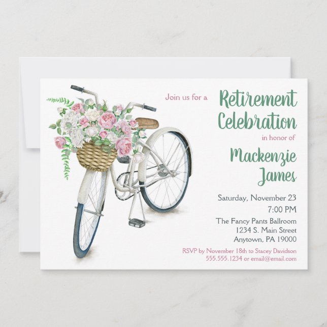 Bicycle Floral Retirement Invitation Ladies Female (Front)