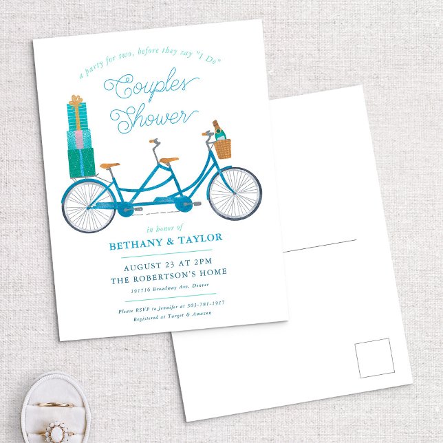 Bicycle for Two Couples Shower Invite Postcard (Creator Uploaded)