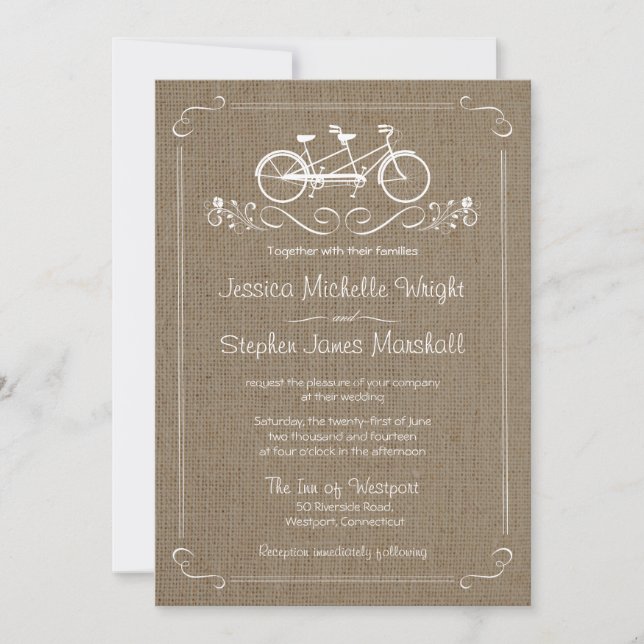 Bicycle for Two Natural Burlap Wedding Invitations (Front)