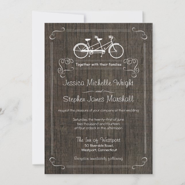 Bicycle for Two Rustic Wood Wedding Invitations (Front)