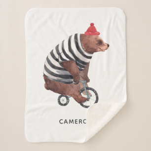 Bicycle Fun Bear   Add Your Name Sherpa Blanket