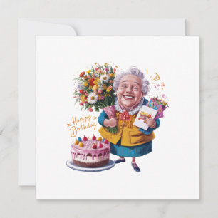 Bicycle Granny with Cake & Balloons Invitation