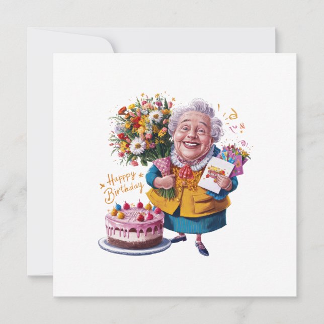 Bicycle Granny with Cake & Balloons Invitation (Front)