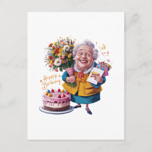 Bicycle Granny with Cake & Balloons Invitation Postcard