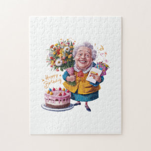 Bicycle Granny with Cake & Balloons Jigsaw Puzzle