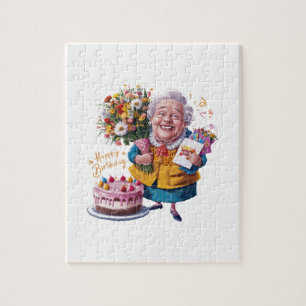 Bicycle Granny with Cake & Balloons Jigsaw Puzzle