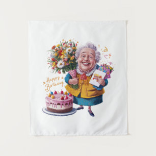 Bicycle Granny with Cake & Balloons Tapestry