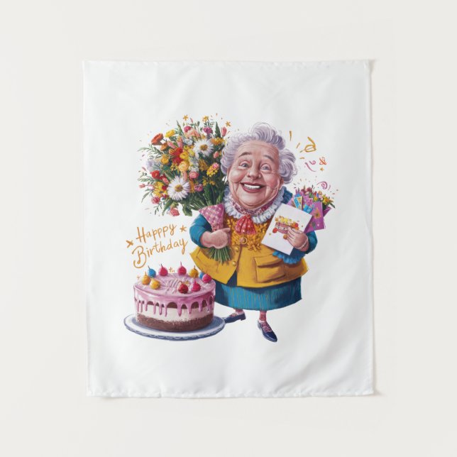 Bicycle Granny with Cake & Balloons Tapestry (Front)