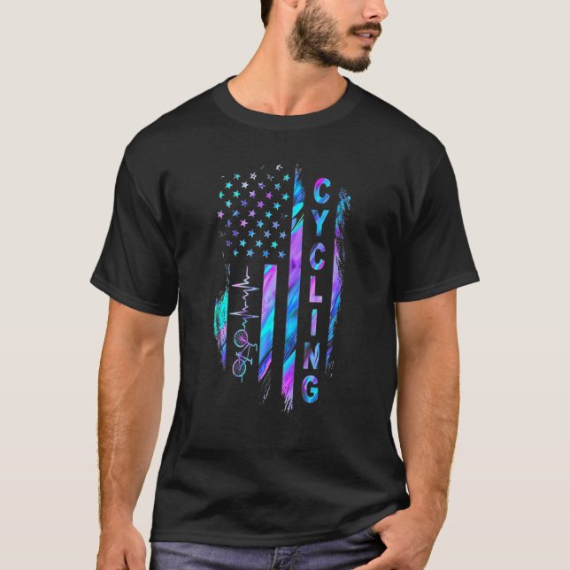 Bicycle Heartbeat Hologram Cycling Usa Flag T-Shirt (Front)
