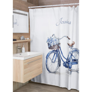 Bicycle in Delft Blue customisable Shower Curtain