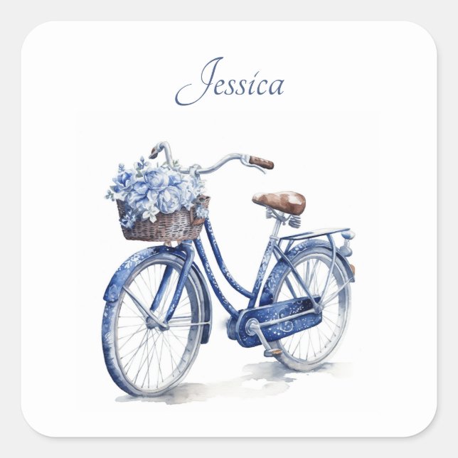 Bicycle in Delft Blue customisable Square Sticker (Front)