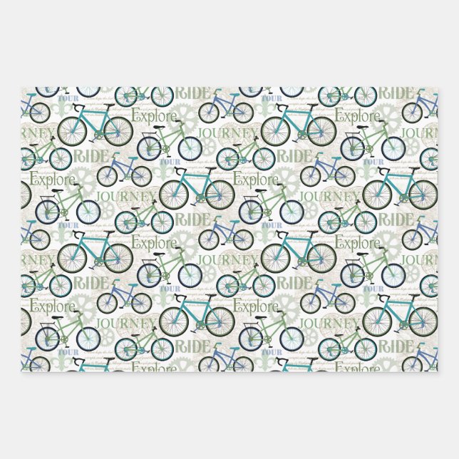 Bicycle Journey Blue and White Wrapping Paper Sheet (Front)