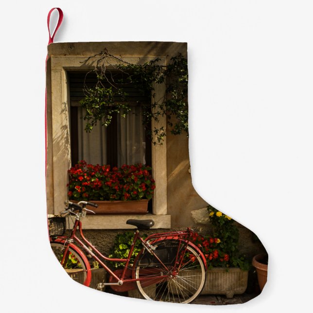 BICYCLE LEANING ON HOUSE SMALL CHRISTMAS STOCKING (Front)