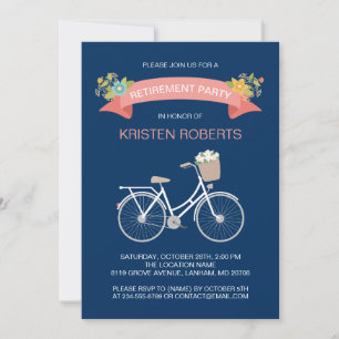 Bicycle Navy Blue Floral Ribbon Retirement Party Invitation