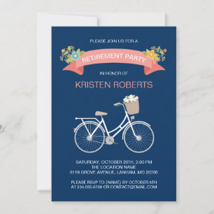 Bicycle Navy Blue Floral Ribbon Retirement Party Invitation