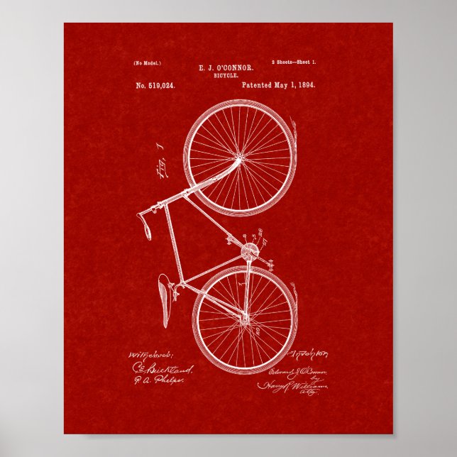 Bicycle Patent - Burgundy Red Poster (Front)