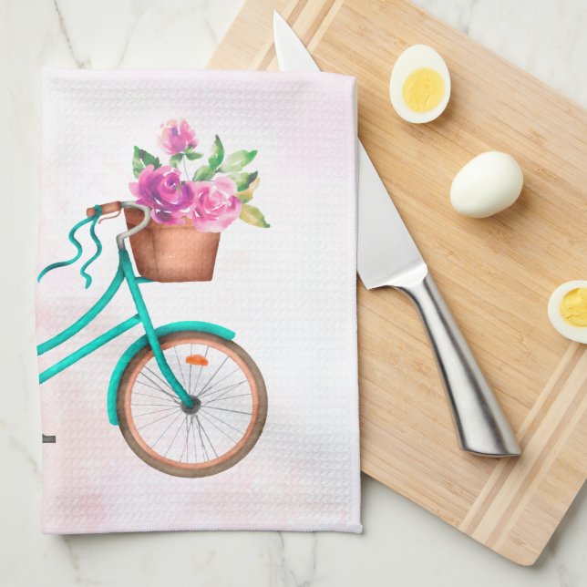 Bicycle & Pink Roses Tea Towel (Quarter Fold)
