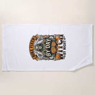 Bicycle Repair Witch Vintage Halloween Bike Mechan Beach Towel