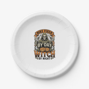 Bicycle Repair Witch Vintage Halloween Bike Mechan Paper Plate