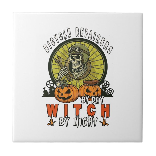 Bicycle Repairers Witch Skull Wrench Pumpkins Hall Ceramic Tile (Front)