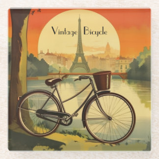 Bicycle Travel Poster, Paris customisable Glass Coaster