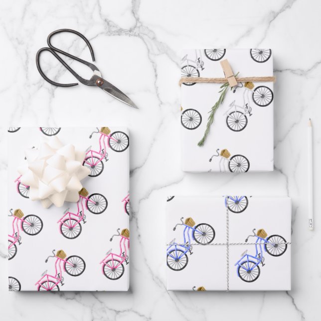 Bicycle Vacation Fun Pink White Blue Preppy Wrapping Paper Sheet (Front)