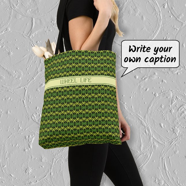 Bicycle wheels pattern custom text green black tote bag (Creator Uploaded)